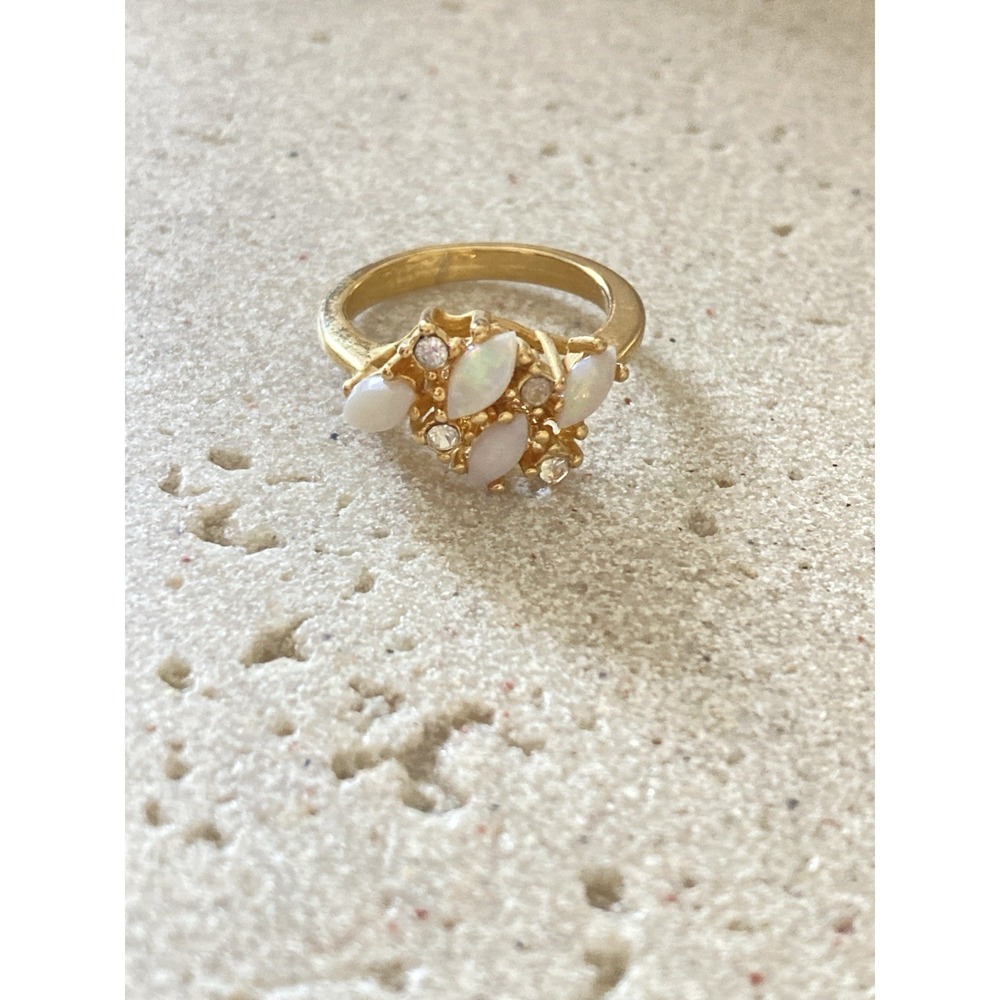 Gold Tone Faux Opal Rhinestone Cluster Ring White Navette Romantic Feminine